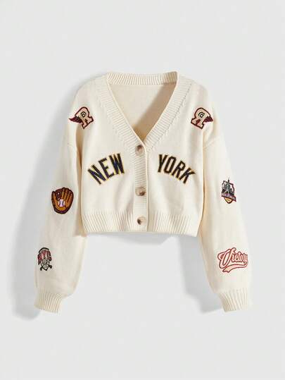 Street Life Cárdigan de punto con cuello en V bordado con insignia universitaria vintage para mujer