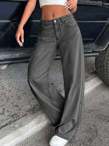 SHEIN Tall Quần jeans ống rộng cạp trễ có túi dành cho nữ, dáng rộng, dễ phối đồ - Màu xám đen - Xem 6