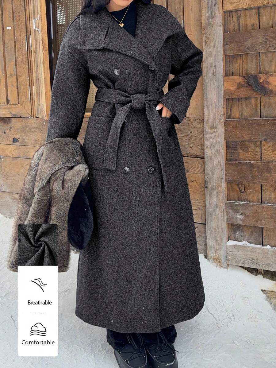 FavEase 1pc Women's Gray Casual Jacket With Belt, Pockets, Double-Breasted, Suitable For Daily Wear And Commute, Autumn/Winter - Dark Grey - View 1