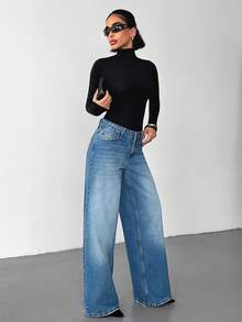 Jeans casuales y versátiles de tiro bajo, con bolsillos y pierna ancha para mujer - Azul lavado medio - Ver 1