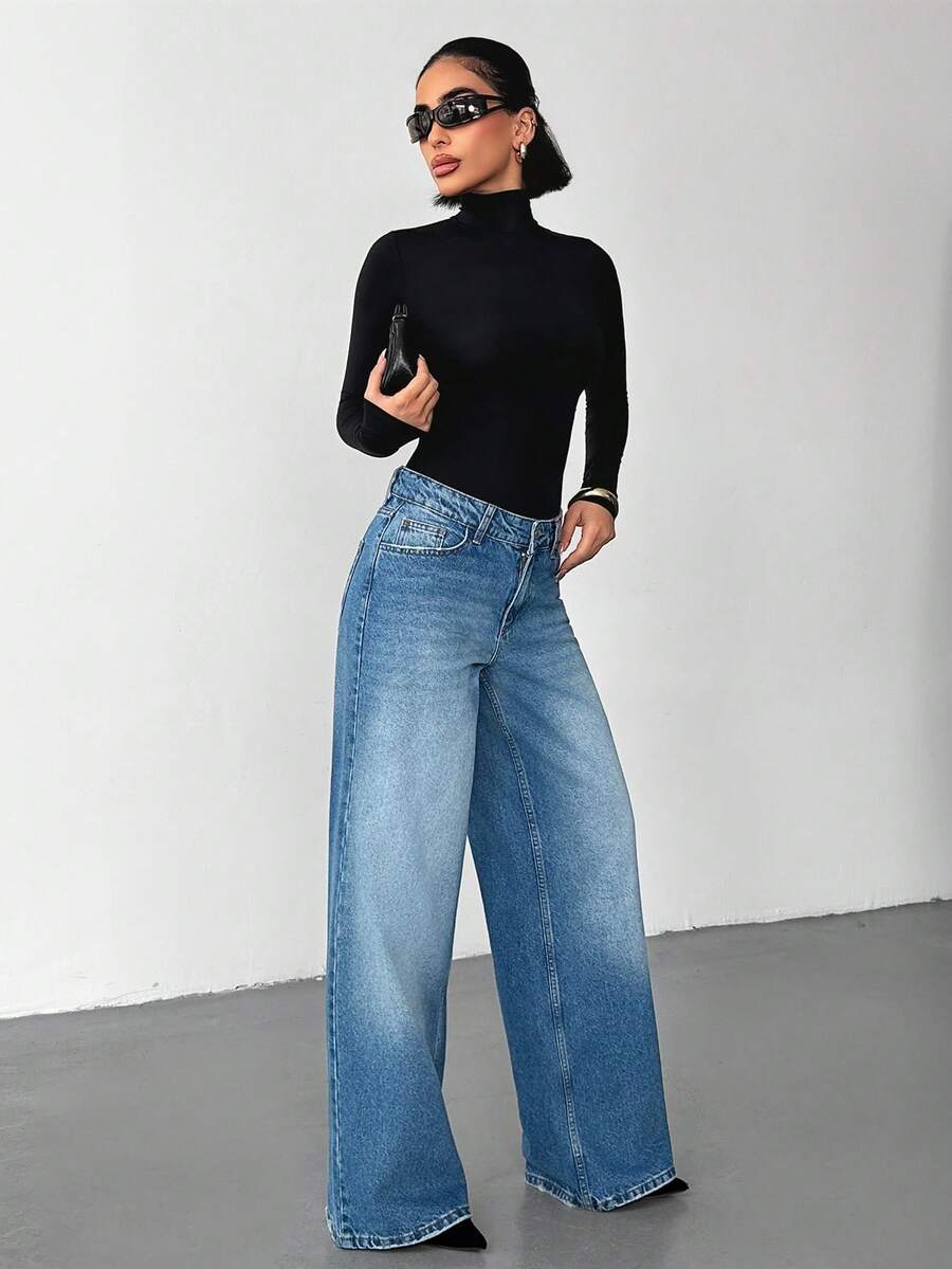 Jeans casuales y versátiles de tiro bajo, con bolsillos y pierna ancha para mujer - Azul lavado medio - Ver 1