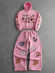 Manfinity EMRG 男士十字印花长袖连帽衫和抽绳腰带运动裤休闲宽松套装 - 粉色 - 查看 1