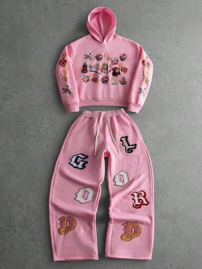 Manfinity EMRG 男士十字印花长袖连帽衫和抽绳腰带运动裤休闲宽松套装