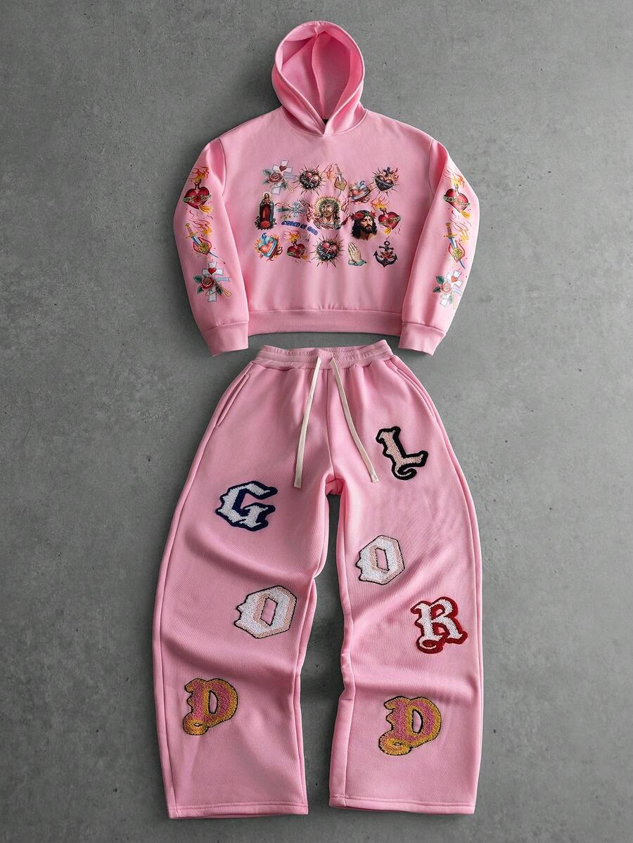 Manfinity EMRG 男士十字印花长袖连帽衫和抽绳腰带运动裤休闲宽松套装 - 粉色 - 查看 1