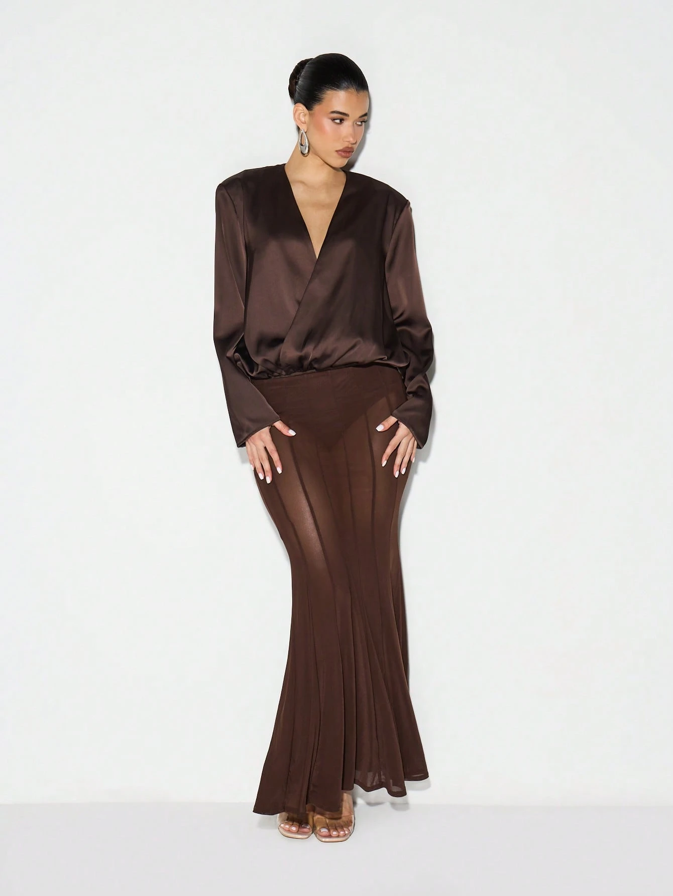 KIZN Satin V Neck Wrap Bodysuit With Shoulder Pads