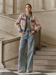 Anewsta Savoree 女士优雅派对连衣裙，复古提花长袖圆领拼接外套，短款，百搭，适合圣诞节、感恩节、秋冬季穿着