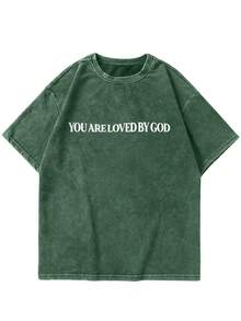 Manfinity EMRG 男士标语印花圆领短袖宽松休闲做旧T恤 - 綠色 - 查看 2