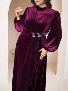 Veilorie Plus Size Women's Elegant Velvet Arabic Style Dress - Burgundy - View 3