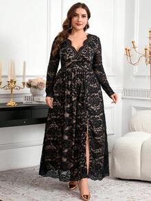 Reflora Curvy Plus-Size Women's V-Neck Lace Long-Sleeved Slit Dress,Beige,Autumn,Elegant,Wedding Guest Luxury Evening Graduation Party Christmas Black Dress - Black - View 6