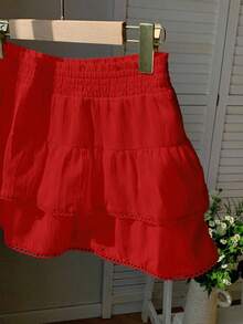 Comfortcana Women's Solid Color Elastic Waist Double Ruffle Hem Fashionable Skirt - Red - View 6