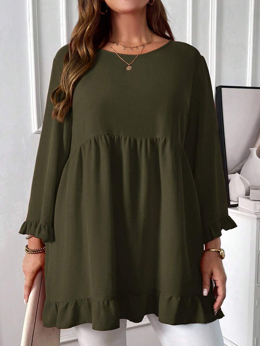 EMERY ROSE Blusa holgada con volantes en el bajo, unicolor, talla grande, otoño - Verde militar - Ver 1