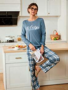 SHEIN Doze Lane 女士舒适针织睡衣套装，圆领设计，时尚格子印花，适合秋季和冬季穿着。 - 彩色 - 查看 5