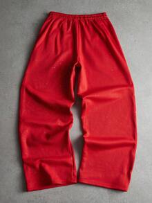 PAVTROS 男士街头复古风运动裤，弹力腰带抽绳针织慢跑裤，抓绒面料，亮片面料和图案，星空图案，复古手写字母图案，秋冬街头服饰，嘻哈风，送给男友的礼物，男士星空印花运动裤。街头服饰，朋友，情侣装，宽松版型，男士，印花，日系风格，男女皆宜，我爱我的女朋友 - 紅色 - 查看 2