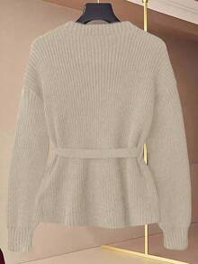 GlowEve Áo len cardigan cổ chữ V mới dành cho nữ, phong cách Âu Mỹ, phối màu thanh lịch, thời trang tối giản - Màu Khaki - Xem 2
