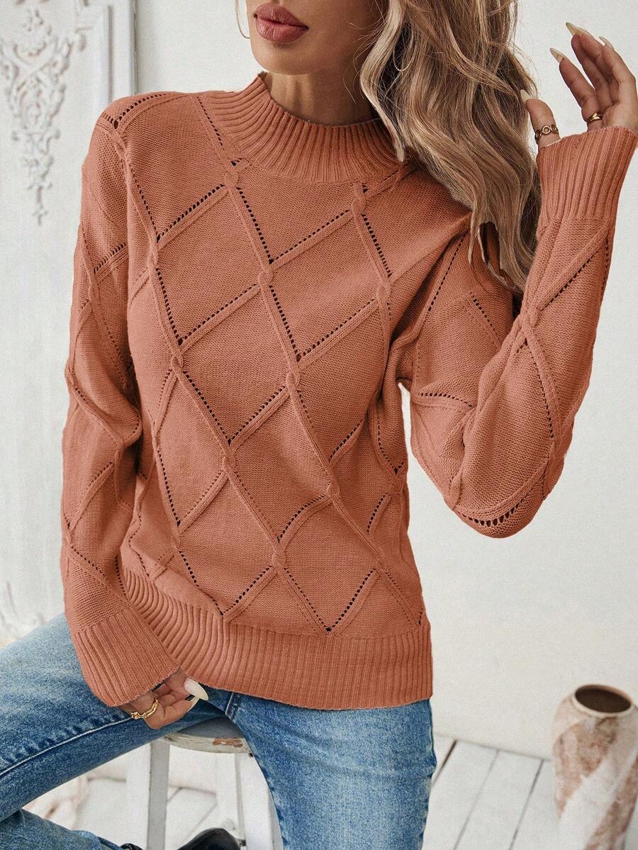 SHEIN LUNE Casual Versatile Solid Color Diamond Pattern Knit Sweater, Autumn/Winter - Redwood - View 1