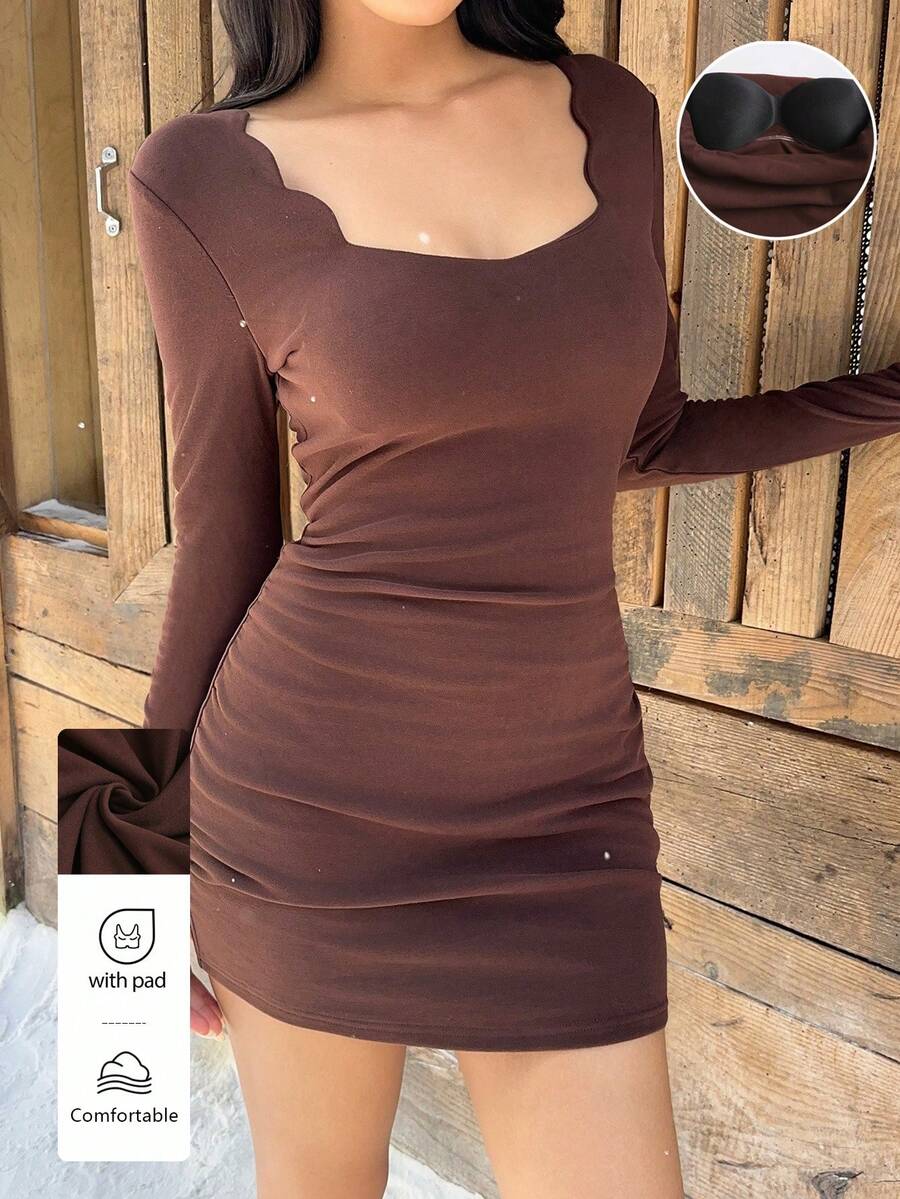 SHEIN Unity 1pc Women's Brown Winter Jacquard Knitted Elastic Fabric Ruched Casual/Work Dress - Brown - View 1