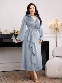 Modelyn Plus Size Elegant Party Solid Color Flare Sleeve Wrap Dress - Grey - View 4