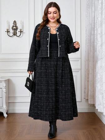 Modelyn 黑色蕾丝边针织开衫搭配装饰纽扣半身裙，优雅女士时尚两件套，适合大码女性。