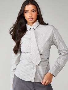 MISSGUIDED Women Long Sleeve Button Up Check Pattern Tie Front Collared Blouse Office Business Shirt With Waist Detail Fall Winter Professional Work Top - Grey - View 3