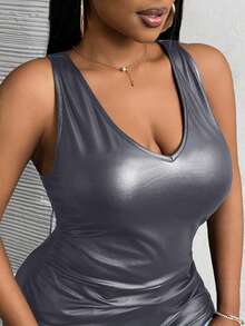 Slaydiva Plus Size Women Tight Fit Deep V-Neck Ruched PU Camisole - Dark Grey - View 1