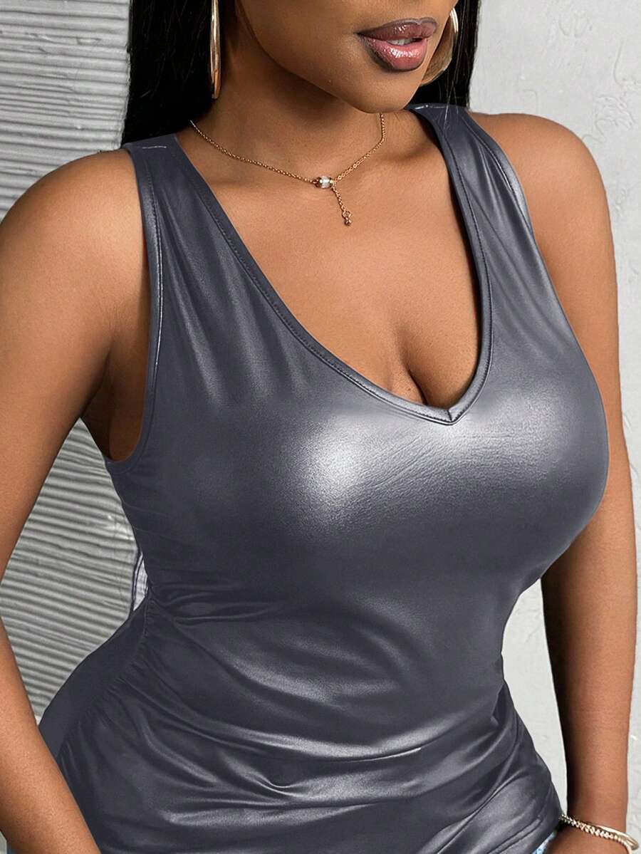 Slaydiva Plus Size Women Tight Fit Deep V-Neck Ruched PU Camisole - Dark Grey - View 1