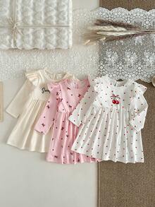 SHEIN 3-Piece Set Baby Girl Winter & Autumn Clothing Back To School Season 3M-3Y Pink White Apricot Cute & Fashionable Love Heart Bow Sweet Heart Letter Print Round Neck Ruffle Elastic Long Sleeve Dress Button Front Comfortable & Soft Daily Wear Suitable For Spring, Autumn & Winter Outdoor Wear Casual Ideal As A Gift - Multicolor - View 2