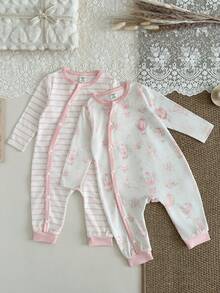 SHEIN 2pcs/Set Baby Girls' Romper Outfits, Stripe Pattern Minimalist & Hot Air Balloon Print Adorable, Suitable For Home & Outings, Soft & Comfortable Fabric, Snap Front Closure Long Sleeve Design, Cuff Trim Casual Cute, Spring/Autumn