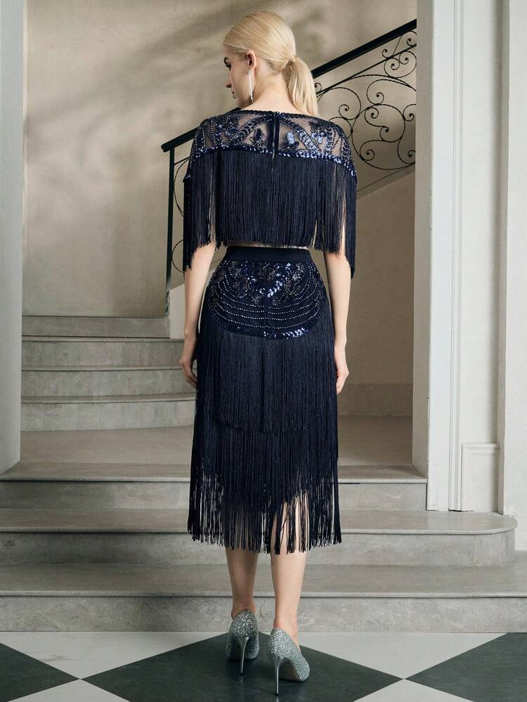 Women's Fashion New Hot-Selling Heavily Beaded Patchwork Tassel Elegant Party Evening Suit