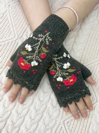 Fairycore 1 par de guantes de punto vintage bohemios y retro bordados con peonías, margaritas y abejas para mujer, ideales para uso diario, citas, fiestas y regalos