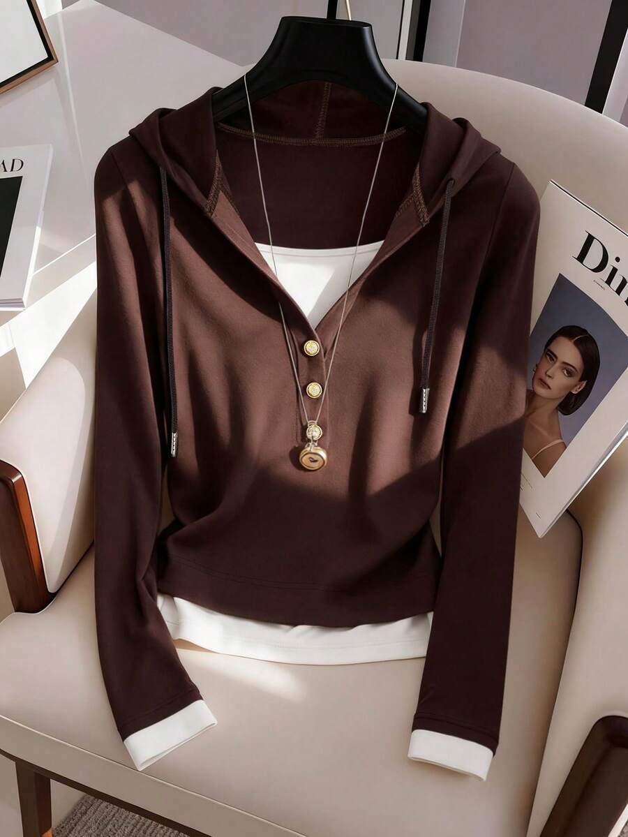 GlowEve 休闲百搭修身长袖女式卫衣 - 棕色 - 查看 1