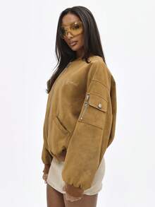 BABYPHAT Oversized Suede Bomber Jacket With Cat Embroidery Zip Front Ribbed Cuffs Fall Winter Outerwear - Brown - View 5