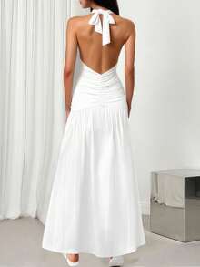 INAWLY Deep V Neck Backless Ruched Split Thigh White Halter Dress For Summer Vacation - White - View 2