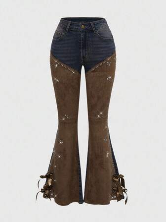 Jeans acampanados de mujer vintage con parches de gamuza estilo hippie y vaquero