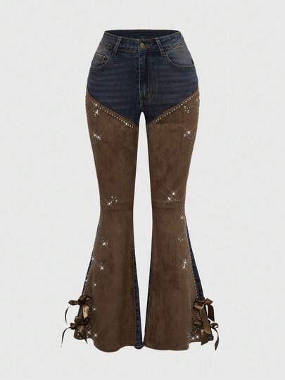 ROMWE Hippie Western Cowgirl Suede Patchwork Distressed Vintage Women Flare Jeans