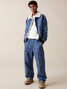 SHEIN Explorewe TWEEN BOYS 2-Piece Set: Denim Jacket With Fleece Collar & Cuffs, Paired With Relaxed Straight Leg Denim Jeans, Fashionable Streetwear Style Outfit For Boys Boy Jeans Sets 2 Piece Denim Set - Medium Wash - View 3