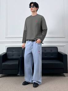 ESTAVOR Men's Graphic T-Shirt Striped Fabric Fake Two-Piece Round Neck Long-Sleeved T-Shirt - Grey - View 2