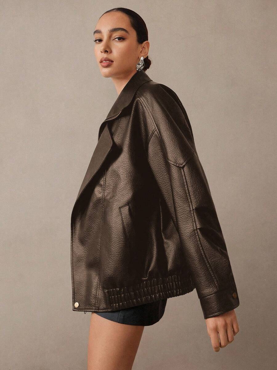 Modelyn 女士复古机车夹克,立领,宽松廓形,时尚PU皮外套,黑色,冬季款 - 棕色 - 查看 1