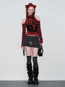 ROMWE Kawaii Women's Cute & Sweet Tie Cuff Decor Off Shoulder Lantern Sleeve Cropped Sweater - Red - View 7