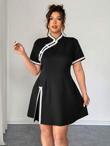 Elenzga 大码女式新款时尚百搭弹力梭织修身纽扣式中国新年旗袍 - 黑色 - 查看 4