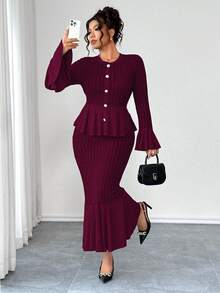 Elenzga Dwuczęściowy komplet damski w dużych rozmiarach, rozciągliwa dzianina w szerokie paski, sukienka syrenka z rozszerzanymi rękawami, elegancka na wyjścia, podwieczorek, dojazdy do pracy, nowoczesna i wygodna, w dużych rozmiarach, ciemnoszara, jesienno-zimowa sukienka maxi z długim rękawem, dwuczęściowy komplet