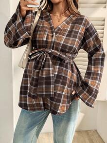 SHEIN Maternity Plaid Drop Shoulder Long Sleeve Button Design Casual Belted Shirt - Brown - View 1