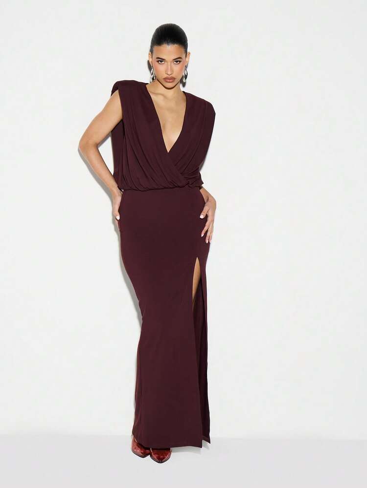 KIZN Plunge Neckline Side Slit Maxi Dress