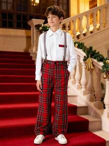 SHEIN 男童休闲百搭背带套装（2件套），腰部饰有3/4黑色纽扣，适合派对、度假、上学、通勤等场合，可搭配夹克、外套。 - 紅色 - 查看 1