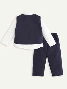 Cozy Pixies Bộ trang phục lịch lãm cho bé trai: Áo sơ mi cổ dài tay, áo vest không tay, quần cạp chun 3 món, thích hợp cho đám cưới và ngày lễ - Màu xanh lam - Xem 2