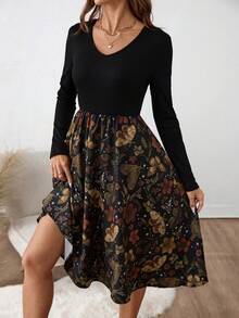 SHEIN Clasi 女士优雅印花黑色连衣裙，适合通勤和休闲穿着，秋冬季 - 黑色 - 查看 7