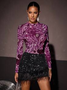 Shutterstock Glamance Women's Sequin Print Round Neck Long Sleeve Fitted Fashion T-Shirt Sequin Women Glitter Women Purple Sequin Top - Purple - View 4