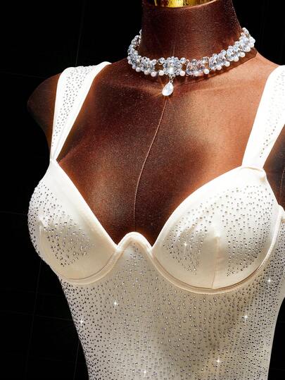 Y2K Amplova Rhinestone Embellished Sleeveless Bodycon Mini Dress For Women, Party/Formal Wear Winter Dress Summer Dress Christmas Dress New Year Clothes Party Dress Elegant Dresses For Party Casual Outfit For Women Sequin Dress White Dresses For Women Bling Top