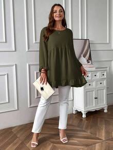 EMERY ROSE Blusa holgada con volantes en el bajo, unicolor, talla grande, otoño - Verde militar - Ver 4