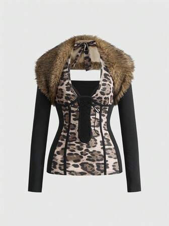 Grunge Punk Ensemble femme avec Top à col montant et dos nu en maille imprimé léopard et effet peluche, style Y2K