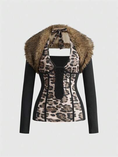 Grunge Punk Ensemble femme avec Top à col montant et dos nu en maille imprimé léopard et effet peluche, style Y2K